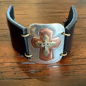 Handmade Black Leather Bracelet with Cross Accent